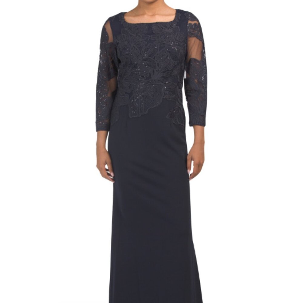 ADRIANNE PAPELL NEW $248 Breathtaking Midnight Navy Embroidery Sequin long DRESS